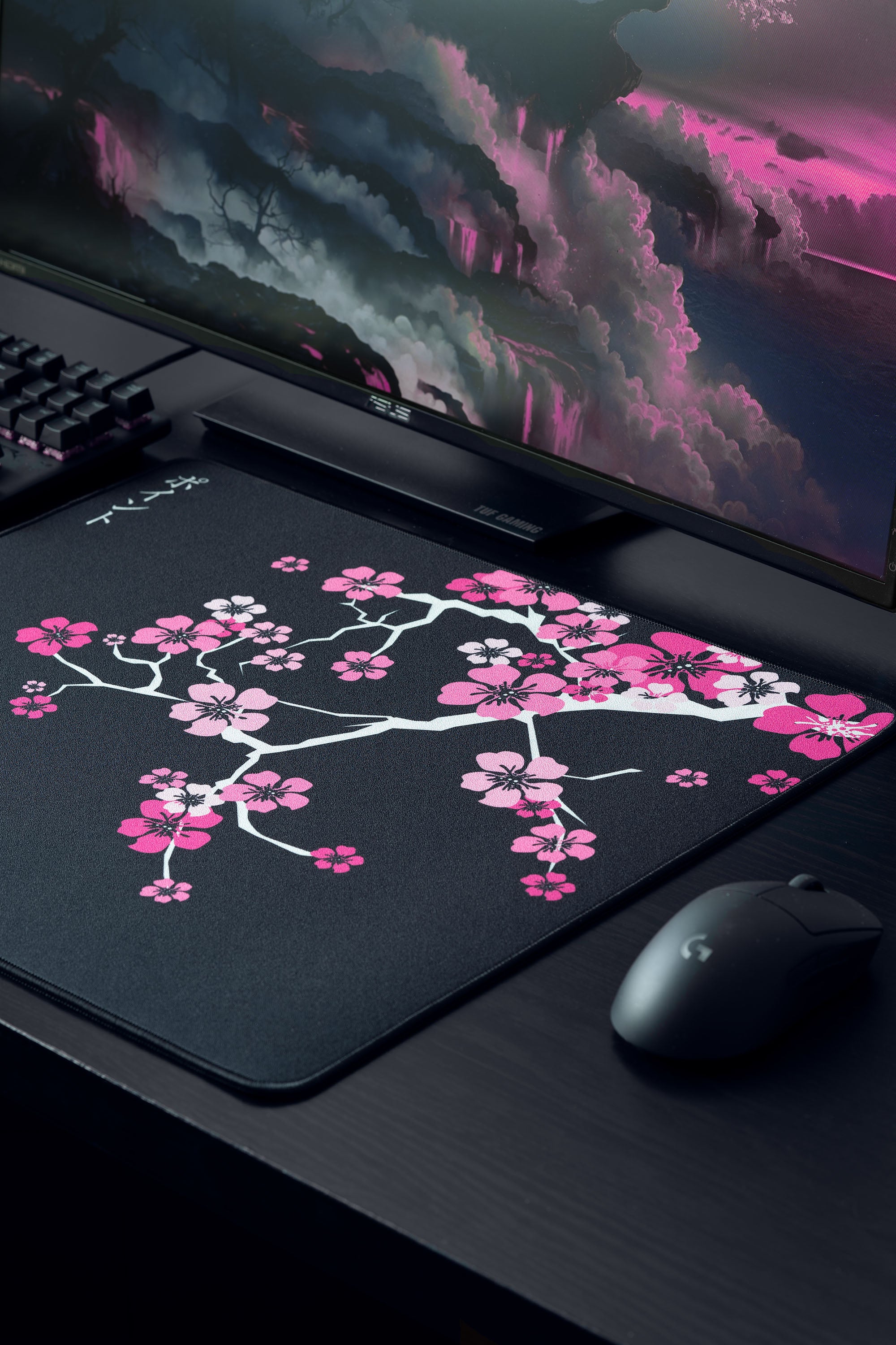 Sakura Black Hybrid Gaming Mouse Pad, Pink Cherry Blossom Desk Mat