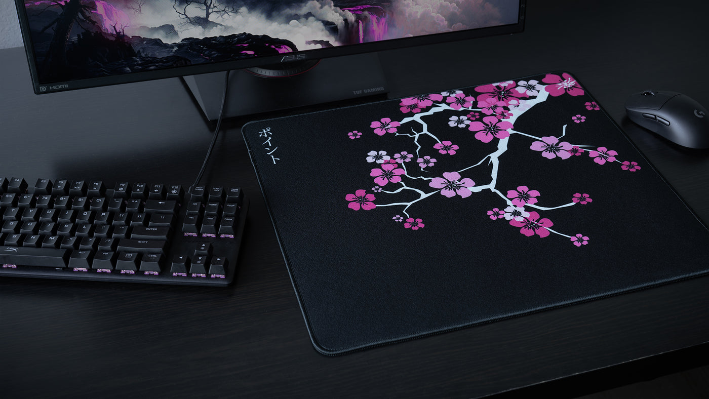 pink and black cherry blossom flower printed large mousepad. 