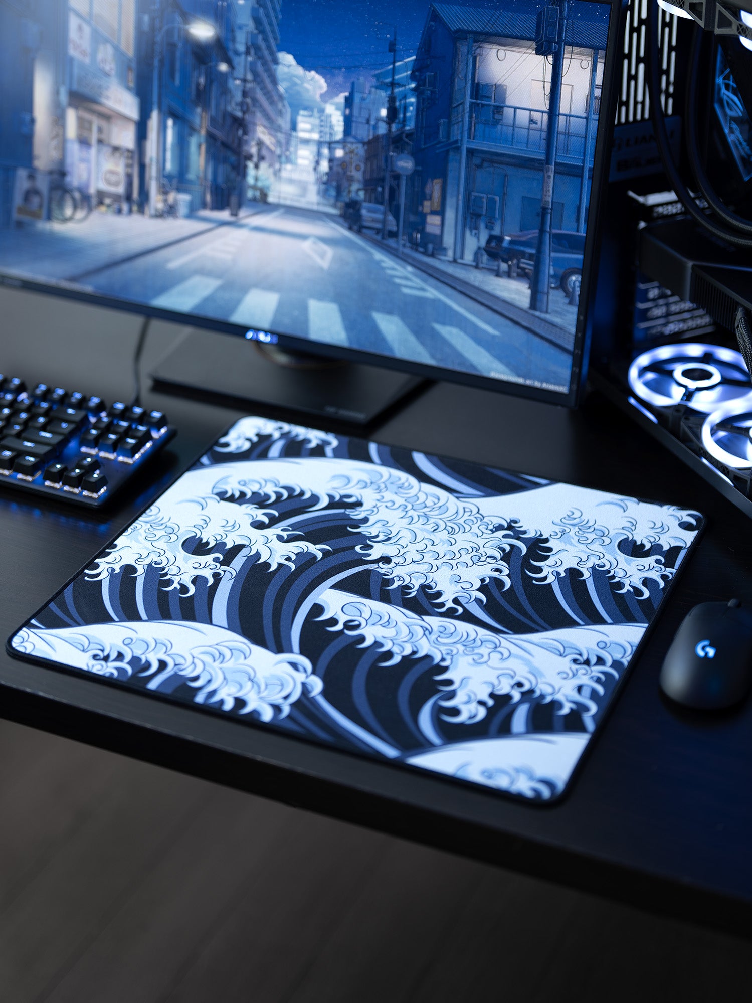 P.A.D. Dive クロウズ Wave Hybrid Gaming Mouse Pad, Blue and White Japanese Style Desk